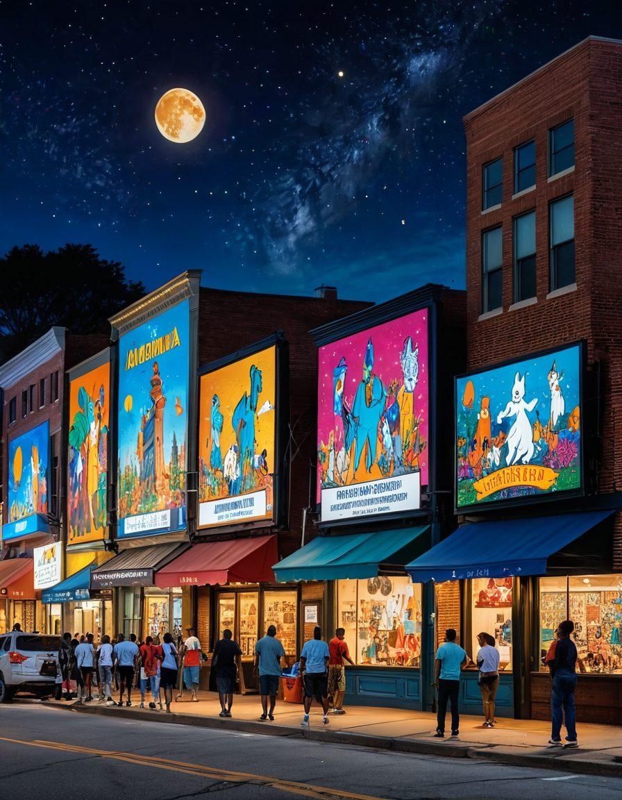 A vibrant street scene depicting a lively Atlanta neighborhood filled with colorful murals of iconic adult cartoons, featuring playful characters and whimsical designs. In the foreground, diverse people engage with large animated billboards showcasing various cartoon styles, while classic Southern architecture frames the background. Bright lights and a whimsical night sky add an energetic atmosphere. super-realistic. vibrant colors. night scene.