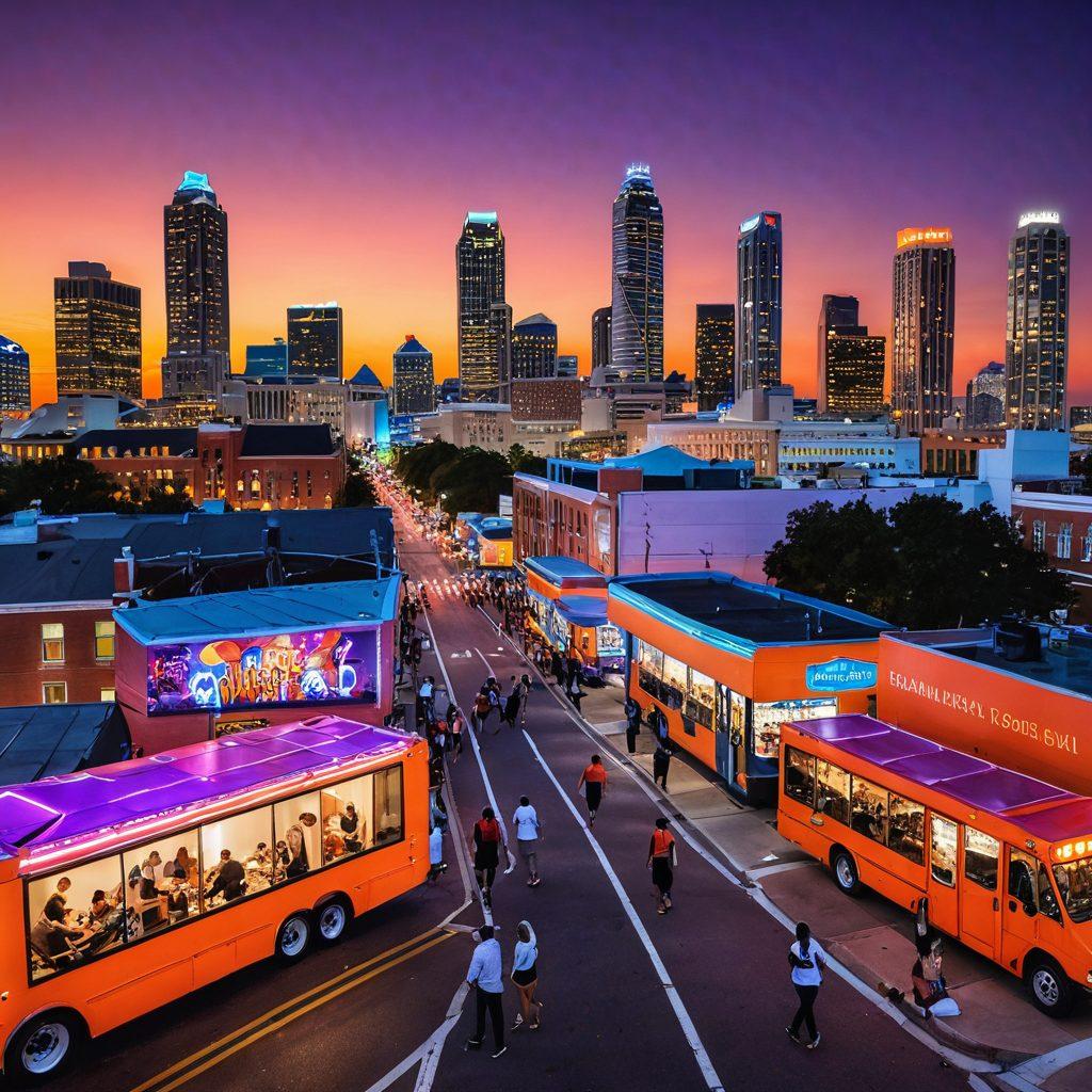 A vibrant Atlanta skyline at dusk, with animated characters playfully interacting in the foreground, showcasing diverse styles of adult animation. Bright neon lights illuminate quirky art installations that represent iconic scenes from popular animations. Include a hint of southern culture with food trucks and street performers, blending creativity and nightlife. The atmosphere should be energetic and inviting. colorful, vivid, urban art style.